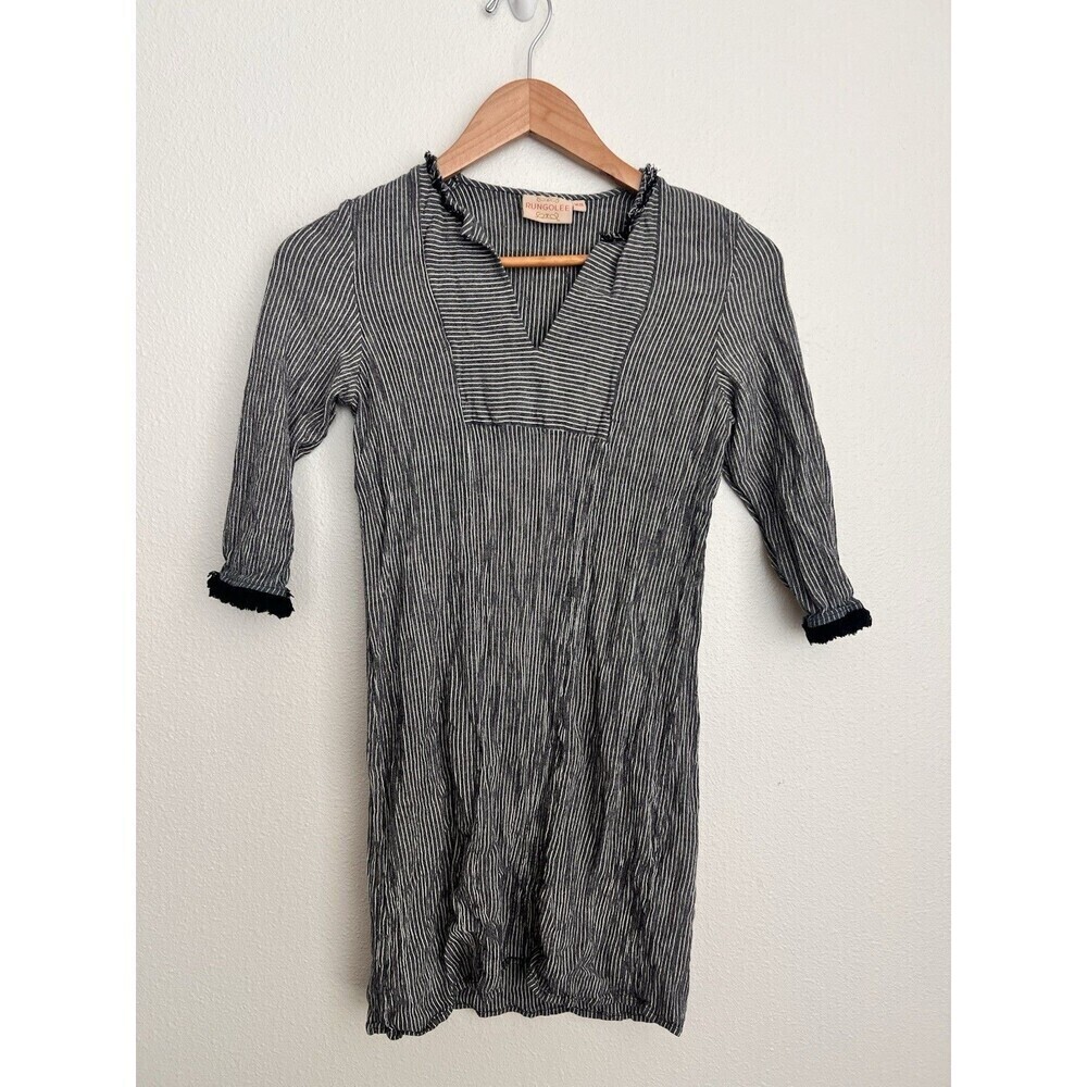 Rungolee Black White Striped Tunic Dress XS Textured Crinkle Boho Ruffle Beach